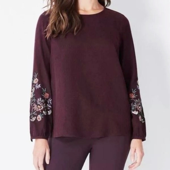 J JILL Boho Chic Plum Long Sleeve Blouse Floral Embroidered Cotton Blend Tunic - Picture 2 of 16